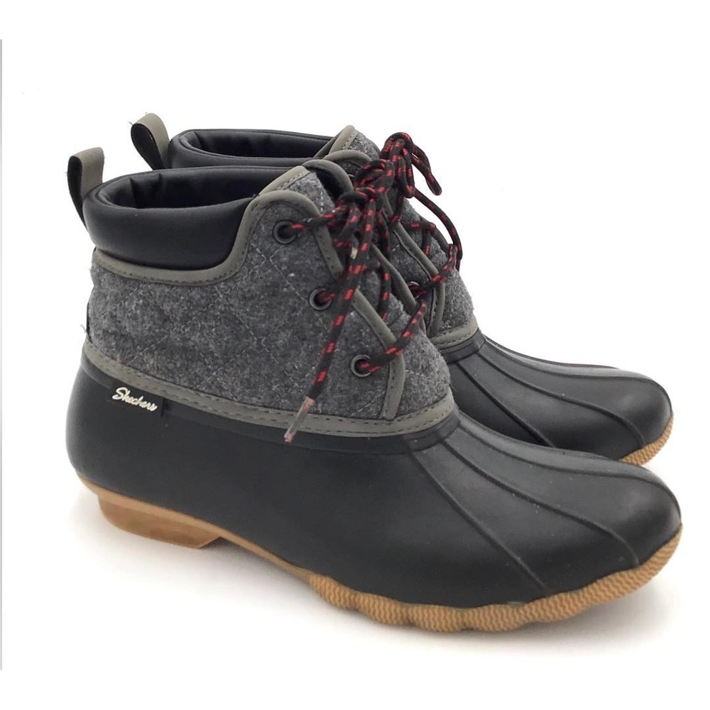Skechers Duck Ankle Boots Womens 9 Black Grey Felt Quilted Camping Work Gameday